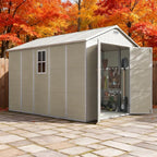 Outdoor Shed 5x3/6x4/7x7/8x6/8x10/8x12 FT, 15MM Thick PP Resin Plastic Shed with Lockable Door & Floor - Waterproof Plastic Tool Shed for Bike, Garbage Can, Backyard, Patio ﻿ ﻿ (Light Brown, 8x12FT)