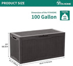 YITAHOME 100 Gallon Large Resin Deck Box Outdoor Storage Boxes for Patio Furniture, Outdoor Cushions, Garden Tools and Pool Supplies-Waterproof,Lockable (Dark Brown)