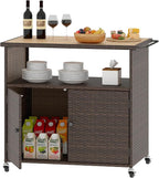 Tangkula Rattan Outdoor Storage Cabinet, Patiojoy PE Wicker Outdoor Cabinet with Acacia Wood Countertop, Open Compartment, Storage Shelf, Outdoor Bar with 4 Wheels for Garden Backyard Deck