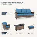 Patio Furniture Set with Swivel Chairs, High Back Wicker Rattan Furniture with 5.5" Thick Cushions, Fire Pit Table and Ottomans, All Weather Outdoor Conversation Set for Backyard Deck,7 Seats, Blue