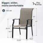 PHI VILLA Outdoor Dining Chairs Set of 2, High Back Textilene Fabric Padded Armchairs with E-Coated Steel Frame for Patio, Porch, Deck, Yard