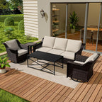 Vista Vibe 5 Pieces Outdoor Rattan Patio Conversation Furniture Set - 78" 3-Seat Sofa | 2 Swivel Glider Rocker Chairs | Wicker End Table | Metal Table, Upholstered Loveseat, Deck (Brown/Beige)