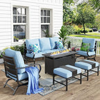 MFSTUDIO 6 Pieces Patio Furniture Sets with 45" Gas Fire Pit Table(Up to 7 Seat),Outdoor Metal Conversation Sofas with 1 x 3-Seat Sofa,2 Rocking Chairs and 2 Ottoman,Blue Cushion
