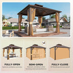 YOLENY 12' x 12' Gazebo Hardtop with Aluminum Frame,Galvanized Steel Double Roof Gazebos with Curtain and Netting,Outdoor Metal Pergolas for Garden, Lawn, Deck, Brown