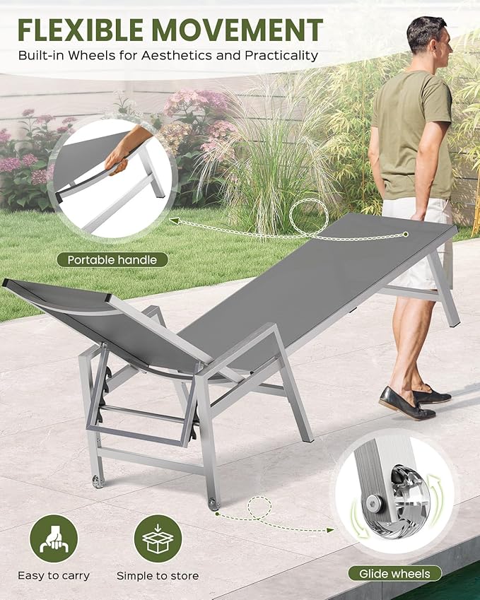 Patio Chaise Lounge Chair Outdoor with Wheels&Armrests, Aluminum Pool Lounge Chairs Set of 2 Five-Position Adjustable Recliner, Outdoor Beach Lounge Chairs for Poolside, Patio, Deck, Yard, Dark Gray