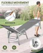 Patio Chaise Lounge Chair Outdoor with Wheels&Armrests, Aluminum Pool Lounge Chairs Five-Position Adjustable Recliner with Side Table, Outdoor Beach Lounge Chairs for Poolside, Deck, Garden, Dark Gray