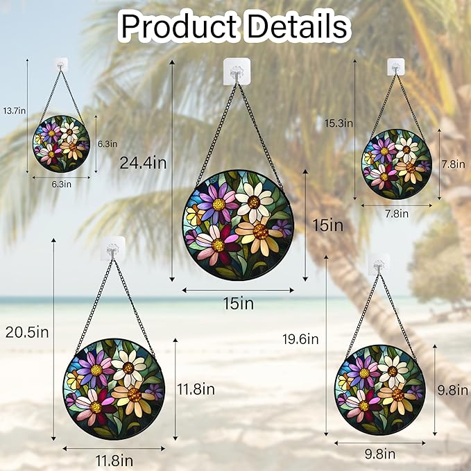 Stained Glass Window Hanging - Colorful Daisies Suncatcher for Door Garden Patio Retro Flower Sun Catchers Decor Christmas Mother's Day Birthday Gifts for Women Mom Nana Aunt Friend 7.8 in