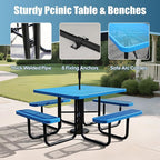 8-Person Picnic Tables for Outdoors, Industrial 46" Expanded Metal Square Picnic Table with 4 Benches & Umbrella Hole, Outside Table and Bench Set for Garden, Backyard, Porch, Patio, Blue