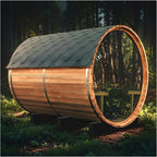 Outdoor Panoramic Glass Barrel Sauna, Red Cedar Traditional Steam Sauna Room with 6KW ETL TOULE Heater, 220V, Rocks, Water Bucket, Ladle, 8mm Tempered Glass, Bitumen Roof, Front Porch, 6-8 People Use