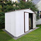 10 x8 FT Metal Outdoor Storage Shed & Double Hinged Large Door - Heavy-Duty Shed with Floor, Lockable & Ventilation - Rainproof Windproof Large Utility Garden Shed for Backyard Patio Lawn - Brown