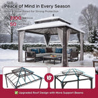 SUNJOY Kingston 12' x 12' Hardtop Gazebo with Galvanized Steel Double Roof, Curtain and Netting, Brown Aluminum Posts Permanent Pavilion Gazebo for Garden, Patio, Deck, Lawn