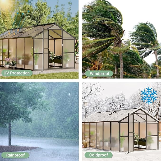 Greenhouse, 6x10 Ft Outdoor Greenhouses, Accessible Green House with Roof Vents and Sliding Doors, Aluminum Frame Polycarbonate Greenhouses, Large Greenhouse for Outdoor Gardens and Backyards, Green