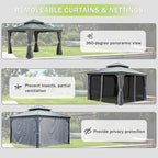 Domi 12x12FT Outdoor Gazebo, Hardtop Gazebo with Galvanized Steel Double Roof, Metal Gazebos with Drainage System Patio Pergola for Patio Deck Backyard,Curtain and Netting,Gray