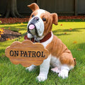 English Bulldog Outdoor Dog Statue with Flip-Over “Welcome/ON Patrol” Plaque and Solar Path Lantern, Brown & White Sitting Puppy for Porch & Lawn