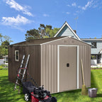 8x10 ft Outdoor Metal Storage Shed with Floor Foundation and Window, Lockable Galvanized Steel Tool Shed with Sliding Door and Air Vent, Waterproof Garden Storage House for Backyard, Patio