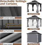 8.5 x 8.5FT Wood Gazebo,Outdoor Wooden Hardtop Gazebo with Galvanized Steel Doule Roof,Cedar Wood Frame Gazebos with Netting &Curtains for Backyard Deck