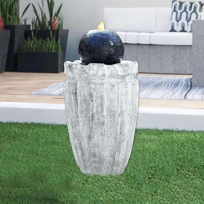 Modern Ball Fountains Outdoor Indoor Cast Stone Sphere Zen Fountain with LED Lights Round Water Features Decor for Garden Patio Living Room Office Black and White 25.6” High