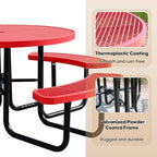 8-Person Picnic Tables for Outdoors, Industrial 46" Expanded Metal Round Picnic Table with 4 Benches & Umbrella Hole, Outside Table and Bench Set for Park, Garden, Backyard, Patio, Red