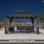 PURPLE LEAF 12'x14' Hardtop Gazebo with Lights Double Roof on Galvanized Steel Frame Outdoor Pavilion Including Netting and Curtains for Patio Garden Deck Grey