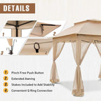11x11 Outdoor Pop up Gazebo Tent with Mesh Walls for Patio, Lawn, Backyard and Deck, Khaki