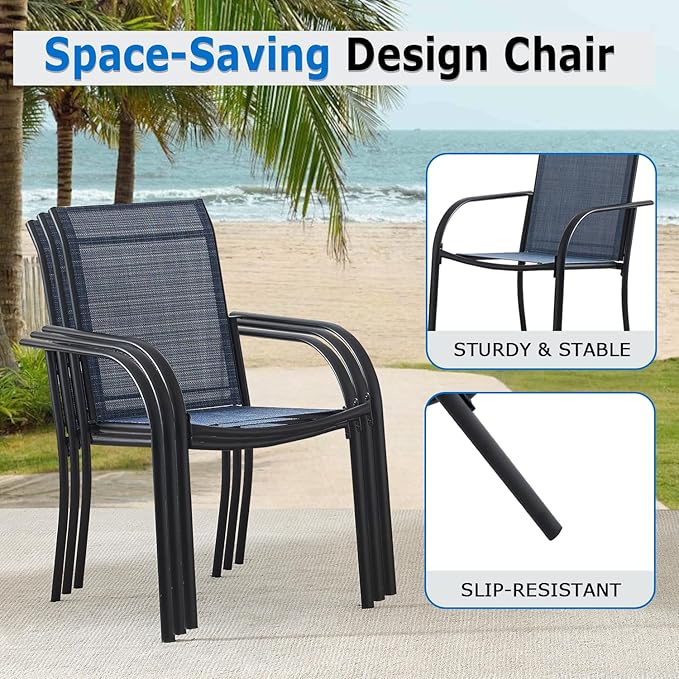 Outdoor Dining Chairs Set of 8, Stackable Patio Chairs with Textilene Fabric, Lightweight Garden Chairs for Poolside, Backyard, Camping, Dark Blue