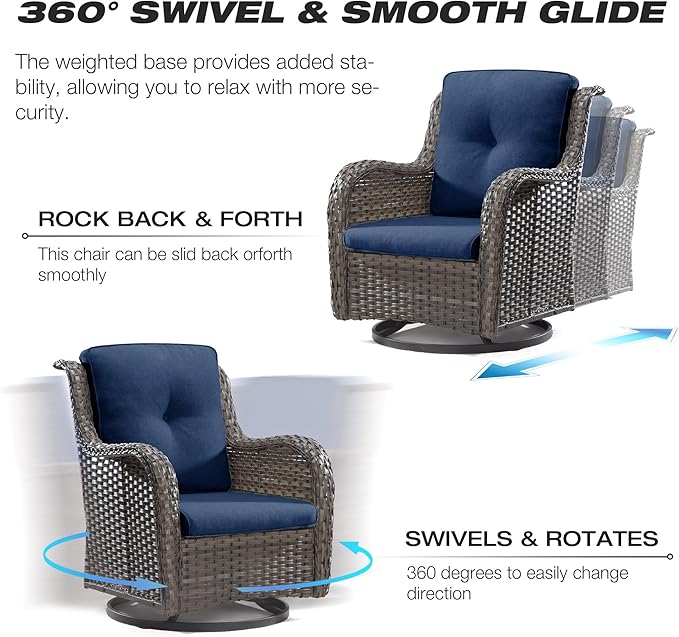 Joyside Wicker Patio Furniture Sets 8 Piece Set with 3-Seat Sofa, 2 Swivel Rocking Armchairs, 2 Armchairs, 2 Ottoman and 1 Side Table Wicker Outdoor Furniture Sectional Conversation Set, Blue