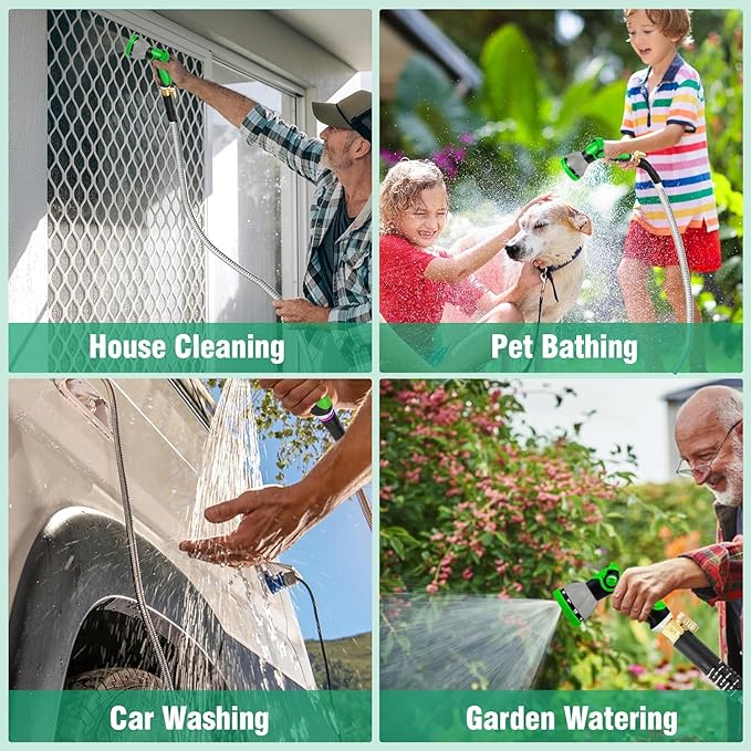 Metal Garden Hose 100Ft Stainless Steel Water Hose Heavy Duty with 10 Way Nozzle-Flexible Lightweight Durable No Kink & Tangle，Strong 3/4’’ Solid Metal Fitting a Stop Valve for Outdoor Yard