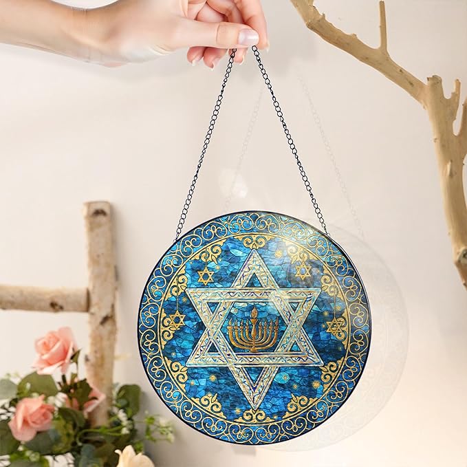 FLAGWIX Christmas Hanukkah Gifts for Women Men - Star of David Stained Glass Window Hanging 10 in - Hanukkah Decorations Suncatcher, Religious Jewish Gifts for Mom Grandma, Christmas Decorations