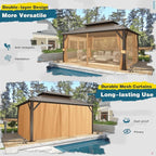 MELLCOM 12'x16' Hardtop Gazebo, Metal Double Roof Aluminum Gazebos with Curtain and Netting,Brown Permanent Galvanized Steel Pavilion for Patio, Lawn & Deck