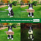 Border Collie Solar Welcome Statue, Hand-Painted Resin Sitting Dog Figurine with Lantern and Dual Wooden-Style Signs, Intelligent Guardian Sculpture for Garden and Porch Décor