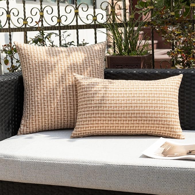 Kevin Textile Outdoor Waterproof Throw Pillow Covers Pack of 2 Weaving Texture Water Resistant Outside Decorative Cushion Covers for Garden Patio Tent Balcony Bench Couch Sofa 16x16 Inch, Light Brown