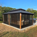 PURPLE LEAF 12' X 20' Patio Hardtop Gazebo Double Top Outdoor Screen House Aluminum Solarium Backyard Sun Room with Detachable Windows and 36 Solar String Light