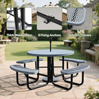 8-Person Picnic Tables for Outdoors, Industrial 46" Expanded Metal Round Picnic Table with 4 Benches & Umbrella Hole, Outside Table and Bench Set for Park, Garden, Backyard, Patio, Grey