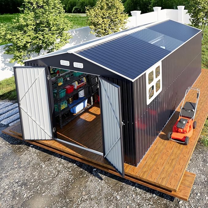 Large Metal Shed 10x16 FT with Floor Fame Kit, with Customizable Skylight and Reinforced Steel Frame, Heavy-Duty Galvanized Steel Big Garden Sheds with Base, Lockable Doors,4 Pane Windows,
