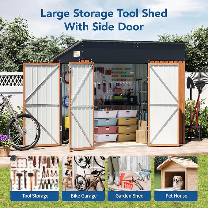 8x4 Ft Outdoor Metal Shed, Storage Shed with Floor, Updated Frame Structure & Triple Lockable Doors, Large Garden Tool Shed for Backyard, Patio, Lawn & Utility Storage
