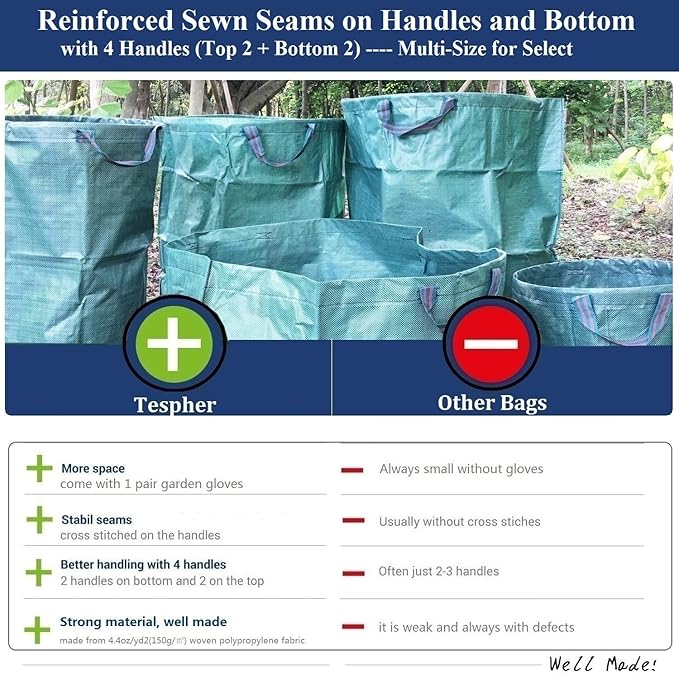 Standard 2-Pack 32 Gallon Yard Garden Bags (D18, H30 inch) with Gardening Gloves for Yard Waste,Debris Bags,Recycling Bin,Camping Trash Container,Laundry Bag,Lawn Grass Clippings,Leaf Bag w/ 4 Handles