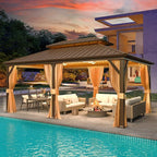 YOLENY 12' x 18' Gazebo Hardtop with Aluminum Frame,Galvanized Steel Double Roof Gazebos with Curtain and Netting,Outdoor Metal Pergolas for Garden, Lawn, Deck, Brown