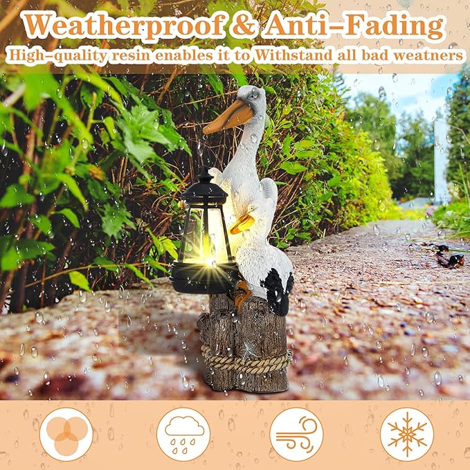 Tuanse 11.4 Inch Pelican Garden Statue with Solar Lantern Ocean Bird Statue Pelican Solar Light for Outside Decor Sculptures Statues Lights for Lawn Decor Unique Ornament Women Mom Gift