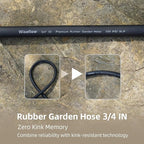 WiseFlow Garden Hose 50FT x 3/4", Heavy Duty Rubber Hose, Water Hose with Five Layered Braiding, Male Female Fittings, 1000PSI Burst, 300PSI Working (Black)