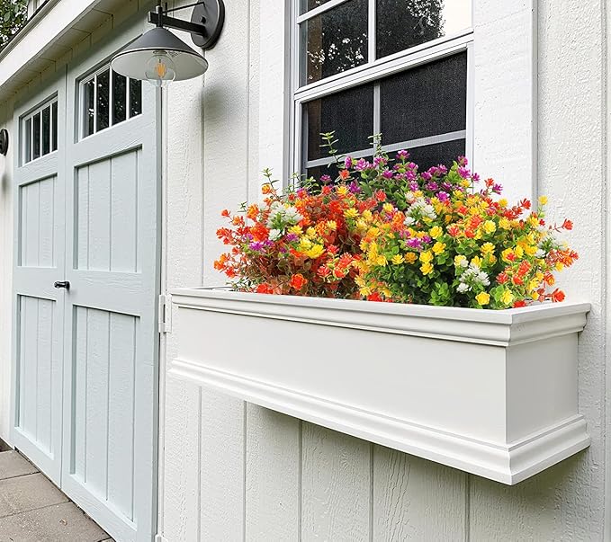 12 Bundles Artificial Outdoor Flowers UV Resistant Fake Plastic Plants No Fade Faux Fall Flowers for Hanging Planter Garden Porch Patio Window Box Wedding Thanksgiving Halloween Decor(Green Orange)