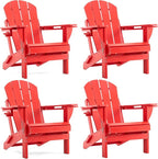 Folding Adirondack Chair, HDPE Outdoor Texture Lawn Chair with Reclining Back, Cup and Phone Holder - Comfortable Firepit Chair Weather Resistant for Patio or Backyard (Red, Set of 4)