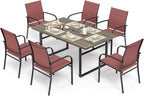 7 Piece Patio Dining Set for 6, 64”Rectangular Wood-Like Dining Table with Umbrella Hole, 6 Metal Red Chairs, Outdoor Table and Chairs Set for Lawn Backyard and Deck