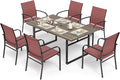 7 Piece Patio Dining Set for 6, 64”Rectangular Wood-Like Dining Table with Umbrella Hole, 6 Metal Red Chairs, Outdoor Table and Chairs Set for Lawn Backyard and Deck