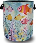Watercolor Fish Laundry Basket Foldable With Handles Cute Fishes Tote Bag Oxford Cloth Colorful Laundry Hamper Clothes Storage Bucket Toy Organizer For Bathroom/Laundry/Bedroom 18.9"x16.5 "
