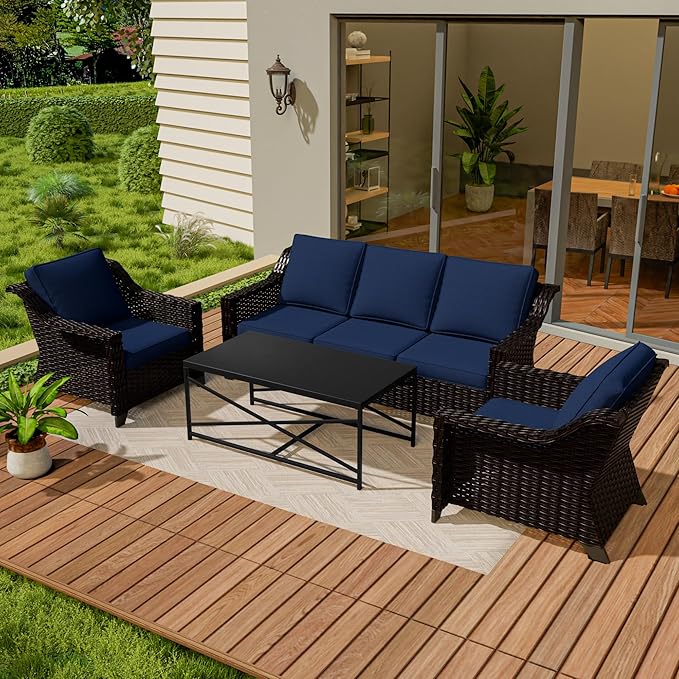 Vista Vibe 4 Pieces Outdoor Patio Conversation Furniture Set - 78" 3-seat Sofa | 2 Chairs | Metal Coffee Table, Deep Seat Loveseat, Removable Cushions, PE Rattan Couch, Lawn (Brown/Navy)