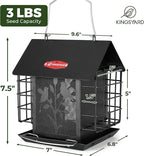Kingsyard Metal Bird Feeder for Outdoor Hanging, Wild Bird Feeder with Double Suet Cage, Weatherproof Roof and 3 lbs Large Seed Capacity, Black