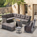 HUMMUH 8 Pieces Outdoor Patio Furniture Set with Fire Pit,L-Shaped Modular Sectional Couches with Swivel Patio Chairs,Wicker Conversation Set for Deck,Backyard,Porch,Garden