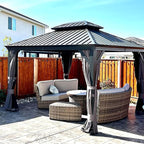Domi 10' X 12' Hardtop Gazebo Outdoor Metal Gazebo with Galvanized Steel Double Roof Canopy, Aluminum Frame, Curtains and Netting for Patio, Deck, Garden, Grey
