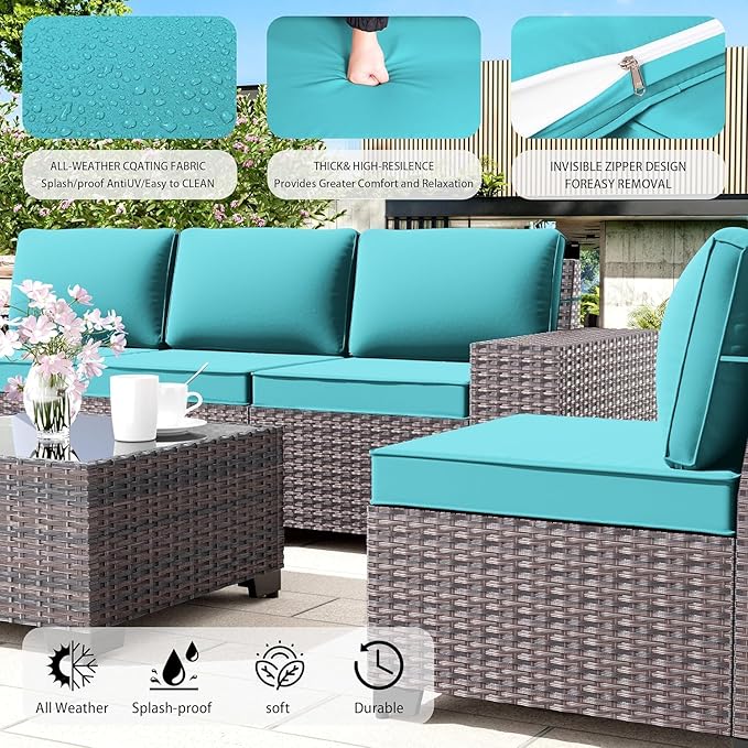 Outdoor Patio Furniture Set, 12 Pieces Outdoor Furniture All Weather Patio Sectional Sofa PE Wicker Modular Conversation Sets with Coffee Table,10 Chairs & Seat Clips Turquoise Blue.