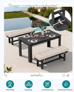 SERWALL Patio Dining Set for 4, Outdoor Dining Sets for 4 Person with 1 Umbrella Hole Cut-Out Rectangular Table and 2 Benches, HDPE Dining Sets for Garden, Backyard, Poolside, Black